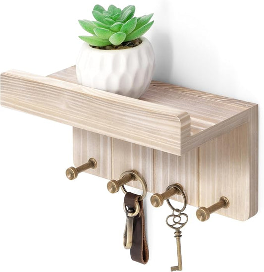 Rebee Vision Key Holder Wall Mount with 4 Hooks for Entryway, Natural Wood | Key and Mail Holder for Wall, Mini Floating Shelf, Mail Organizer, Perfect for Apartment Essentials, Compact Storage