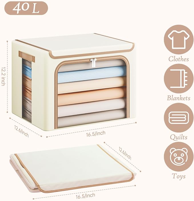 Yecaye Clothes Storage Bins with Metal Frame, Foldable Clothing Storage Bin with Lid, Stackable Oxford Fabric Organizer Box With Clear Window & Zippers & PU Leather Handles (3 Pack,Beige,40L)