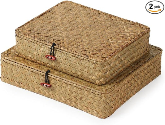 YANGQIHOME Set of 2 Seagrass Baskets with Lids, Rectangular Woven Storage Baskets, Natural Wicker Basket Boxes for Coffee Table, Shelf, Bathroom Counter & Closet Decor (Natural, Set of 2)