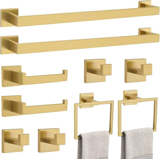 10-Piece Bathroom Hardware Accessories Set-Brushed Gold Towel Bar, Holder & Racks-SUS304 Stainless Steel-Wall Mounted,23.6-Inch