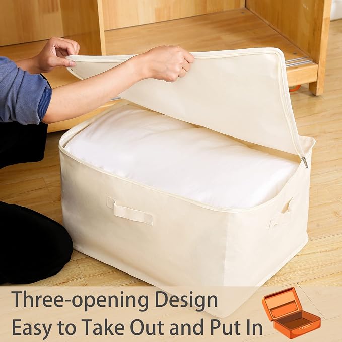 3 Pack Canvas Comforter & Blanket Storage Bags with Clear Window, Beige | Large Capacity, Cotton Linen Fabric, Reinforced Handles, Foldable Design for King Comforters, Clothes and Blankets Storage