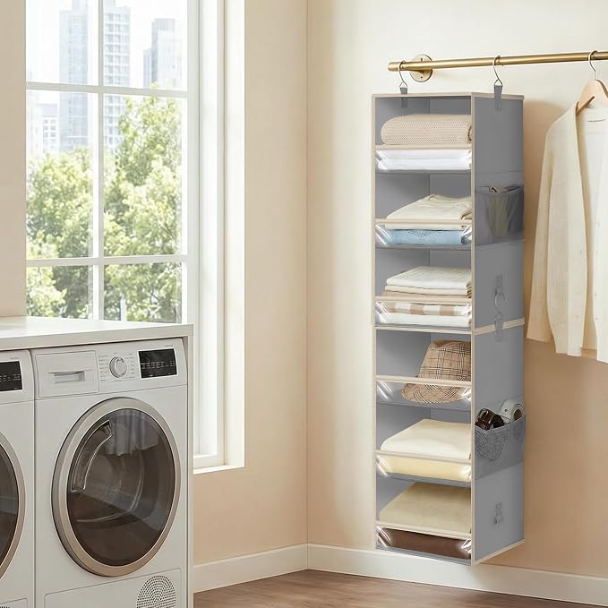 STORAGE MANIAC 6-Shelf Hanging Closet Organizer and Storage, 2 Separable 3-Shelf Haning Organizers for Closet, Collapsible Hanging Shelves Wardrobe Organization, College Dorm Room, Nursery, Gray