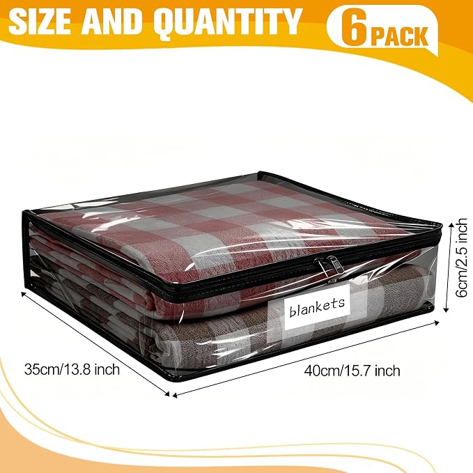 Kikerike Plastic Storage Bags with Easy-Glide Zipper, Pack of 6, Durable Clear Vinyl Zippered Storage Bags for Clothes Sweaters Comforters Blankets Sheets Bedding (15.7 x 13.8 x 2.5 Inch, Black)