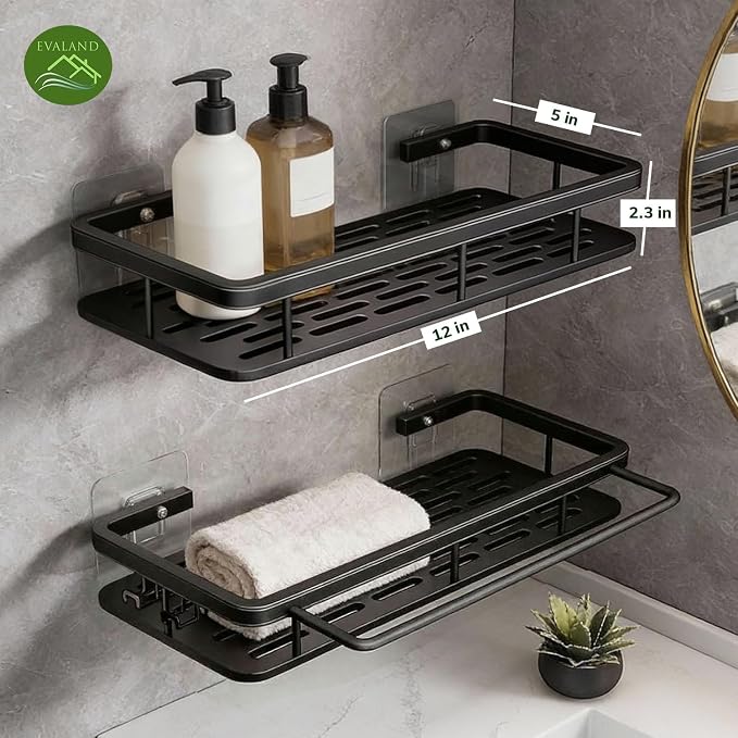 EVALAND Self Adhesive Shower Caddy Organizer 2-Pack No-Drill Storage | Hooks and Rod for Towels, Shower Shelves for Inside Shower, Bathtub Shelf, Rustproof, Rack, Easy Installation, Sturdy