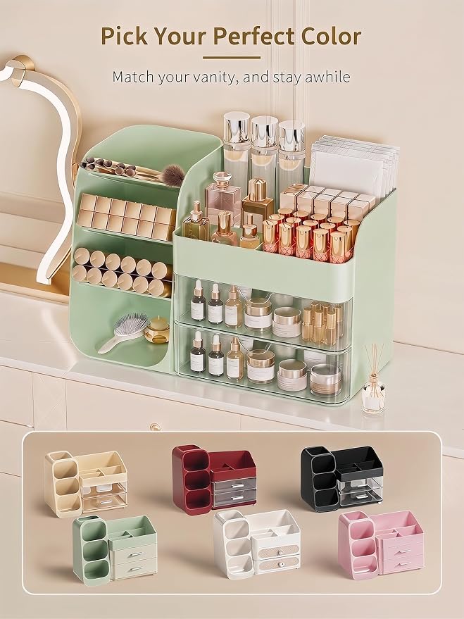 Booklov Small Makeup Organizer for Vanity Countertop, Green | Clear Acrylic Cosmetic Display Case, Beauty Brush Holder for Bathroom Counter, Make Up Skincare Lipsticks Storage