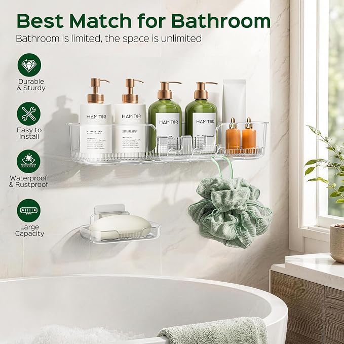 HAMITOR Adhesive Shower Caddy for Bathroom：2 Pack Clear Bath Shelves No Drilling for Modern Renters & Home Decor - Rustproof Acrylic Shower Organizer for Bathroom Storage