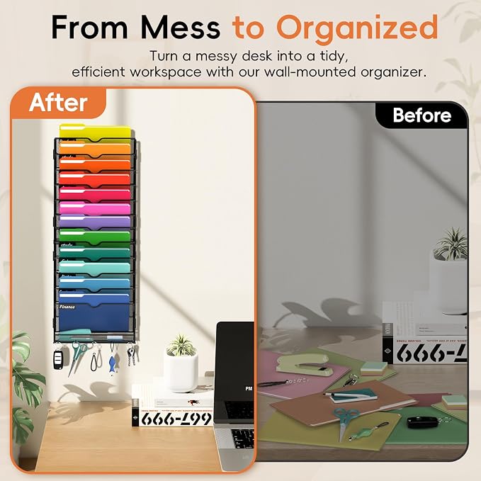 13-Tier Wall File Organizer with Hook, Hanging File Organizer Black | Wall-mounted mail storage holds papers, folders, files, clipboards and magazines, assembly required for office or home use.