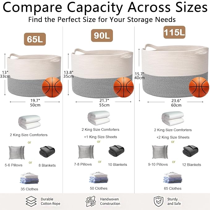 90L Extra Large Blanket Basket,Woven Rope Laundry Basket-White&Grey | Collapsible, reinforced handles, nursery storage bin organizes clothes, toys and pillows for living room, bedroom bathroom