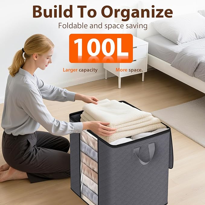 SpaceWhisper 4 Pack 100L Clothes Storage, Foldable Thick Fabric Blanket Storage Bags, Containers for Organizing Bedroom, Closet, Clothing, Comforter,Closet Organization with Handle,Grey