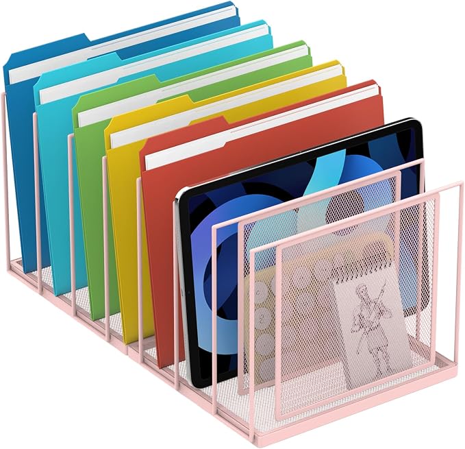File Organizer For Desk, 7 Section Metal Desktop File Sorter, Pink | Desk file organizer, connectable 7 section design, 2.17 in spacing, vertical folder storage for home office and classroom