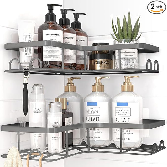 Sakugi Corner Shower Caddy - 2 Pack, Adhesive Shower Organizers, Rustproof Stainless Steel Shower Shelves with 8 Hooks, No Drilling Bathroom Organizers and Storage Racks, Space-Saving, Grey, Large