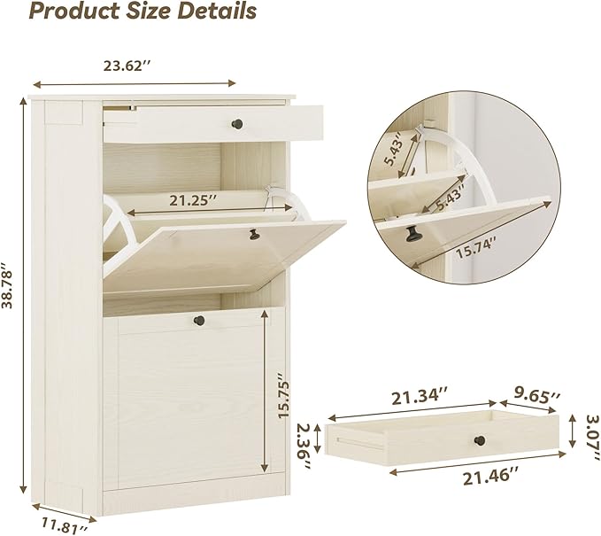 Wooden Shoe Rack with 2 Flip Drawers, Entryway Shoe Storage Cabinet | Freestanding Modern Shoe Organizer with Adjustable Shelves, Small Closed Shoe Rack Cabinet for Front Door Entrance,Light Oak