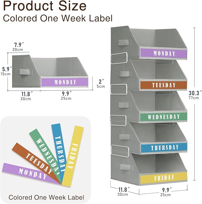 Closet Organizers and Storage - 5 Tier Shelf Organizer with Weekly Labels, Stackable Storage Bins with Metal Frame, Foldable Cube Bins, Home Baskets for Kids and Adults, Grey