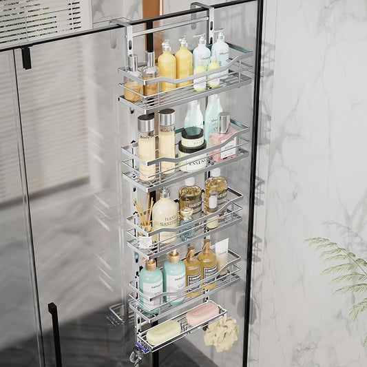 SWTYMIKI Over the Door Shower Caddy - 5 Tier Adjustable Shower Organizer Hanging with Soap Holder, No Drilling Stainless Steel Bathroom Rack Hanging for Body Wash, Shampoo, Soap, Razor, Silver