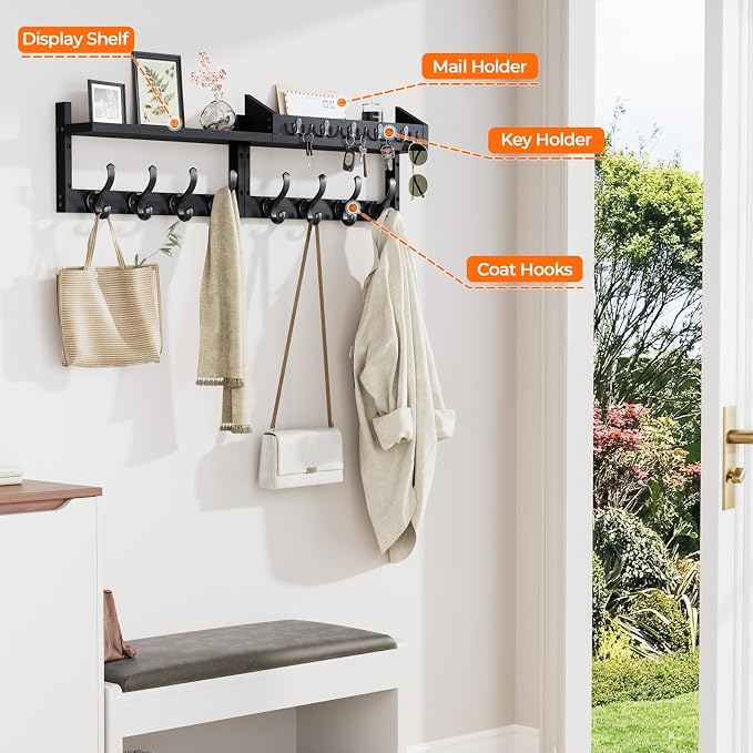 Evermagin 35" Coat Rack Wall Mount with Shelf & 13 Hooks, Entryway, Black | 4-in-1: coat hooks, key hanger, mail holder & display shelf. Pine wood. For bedroom, hallway, mudroom, livingroom