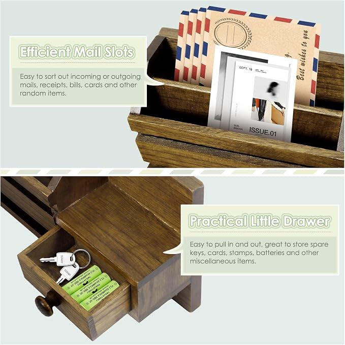VIS'V Key Holder Wall Mount, Wooden Mail and Key Organizer, Brown | Contains Little Drawer, Small Shelf, 2 Slots, 6 Hooks, for Entryway, Hallway, Doorway, Kitchen, Garage, RV