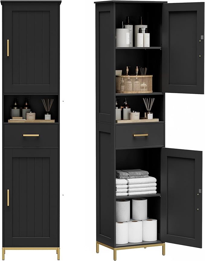 Homhedy 67" H Bathroom Storage Cabinet, Tall Bathroom Cabinet, Black | Narrow Cabinet with Doors and Drawer, Adjustable Shelves, Floor Cabinet for Bathroom, Living Room, Kitchen, Dining Room
