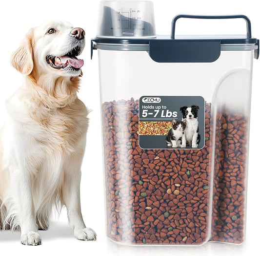 Dog Cat Food Storage Container with Cup (Ink Blue, 5L) | Pet Food Pourable Container Airtight with Large Spout, BPA-Free Plastic Food Dispenser for Pet Food, Bird Seed, Rice, Flour