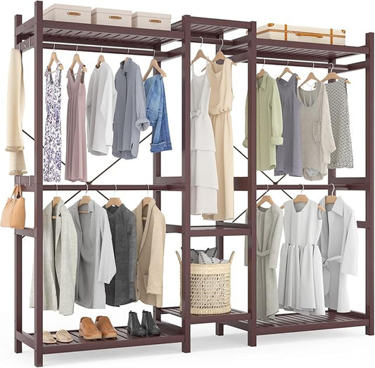 Bamboo Closet System Clothes Rack, Large Freestanding Garment Rack Clothing Rack for Hanging Clothes with 7 Storage Shelves and 5 Rods, Open Wardrobe Organizer with 4 Hooks, Espresso
