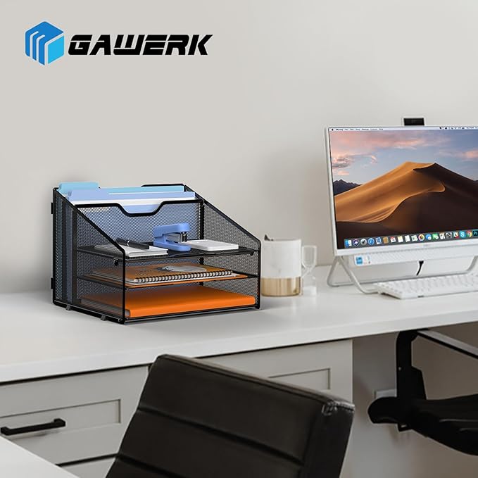 GAWERK Letter Tray Organizer, Mesh Desk File Organizer with 3 Paper Trays and 2 Vertical Upright Section (Silver)