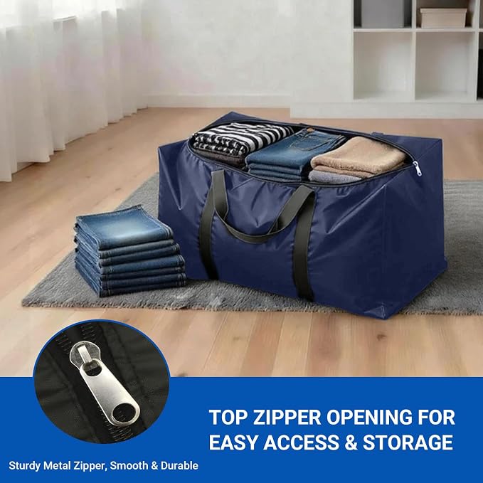 Extra Large Moving Bags, 2 Pack Blue Oversized Storage Totes with Strong Zipper & Reinforced Full Loop Handles, Collapsible Storage Bags for Space Saving, for King/Queen Comforter, Blankets & Clothes