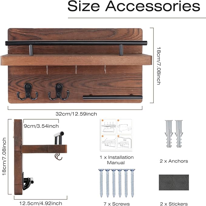 OurWarm Wall Mounted Key Holder/Hangers for Wall Decorative with 5 Key Hooks, Wooden Mail Rack Organizer with Shelf, Rustic Home Decor for Entryway Mudroom Hallway Office, Brown
