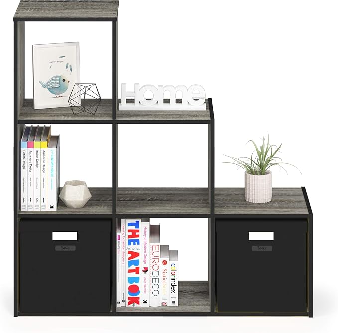 Furinno Pelli 3-2-1 Cubic Storage Cabinet, French Oak Grey/Black | 11.8 x 36 x 35.6, Open Frame, 6-Cube Storage Organizer Cabinet, for Living Room, Bedroom, Home Office