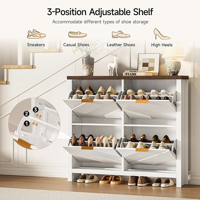 Shoe Cabinet with 4 Flip Drawers & Symmetric Groove Pattern for Entryway | 44.5''W x 9.2''D x 39.4'' White Fit for 16-24 Pairs of Shoes Slim Narrow Hidden Shoe Storage Cabinet for Hallway Living Room
