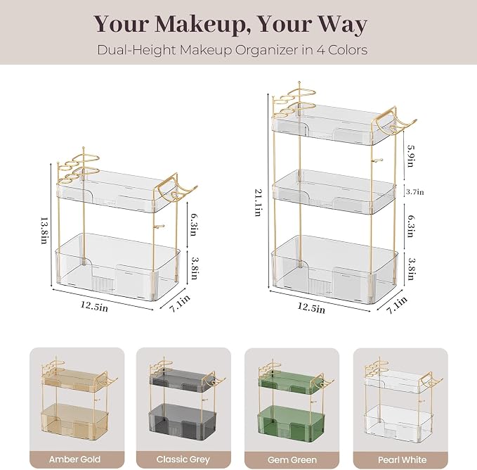Aveniee Bathroom Counter Organizer Countertop, 3 Tier Makeup Perfume Storage with Hair Dryer Rack and Toothbrush Holder, Cosmetic Tray for Vanity - Clear