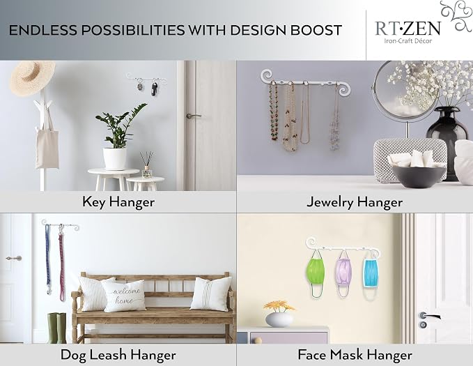 RTZEN Farmhouse Small Key Holder for Wall, Wrought Iron Wall Mount Rack | Handcrafted Swirl Decorative, 5 Key Hooks for Home Entryway, Purse, Coat and Leash Holder or Organizer (Classic White)
