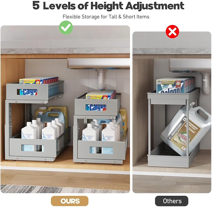 2 Packs 17IN Depth Under Sink Organizer, 2-Tier Pull Out Cabinet Organizer With Smooth Circular Rail, Large Capacity Metal Mesh Sliding Drawers For Bathroom& Kitchen Storage,Height Adjustable–Gun Gray