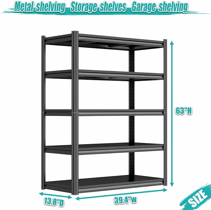 PRESTELION 63" H Garage Shelving 3000LBS Heavy Duty Storage Shelves 5 Tier Adjustable Metal Shelving Unit Garage Shelves for Warehouse Industrial Pantry Basement 63" H x 40" W x 14" D,Black