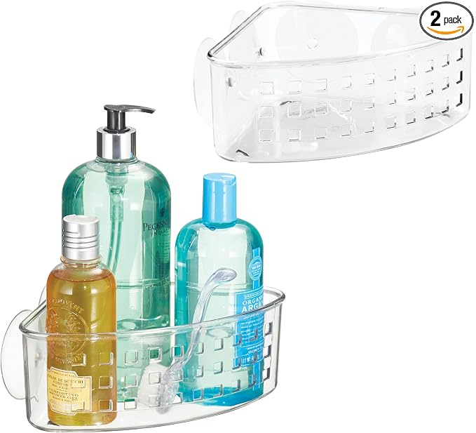 iDesign Plastic Suction Cup Corner Shower Basket, Set of 2, Clear | Bathroom Storage, Made in USA