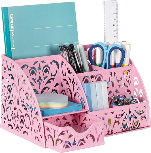 EasyPAG Desk Organizer and Pen Holder for Desk, Mesh Office Supplies Storage Caddy with Drawer for Small Space, Desktop Organizer for Home Office, Pink