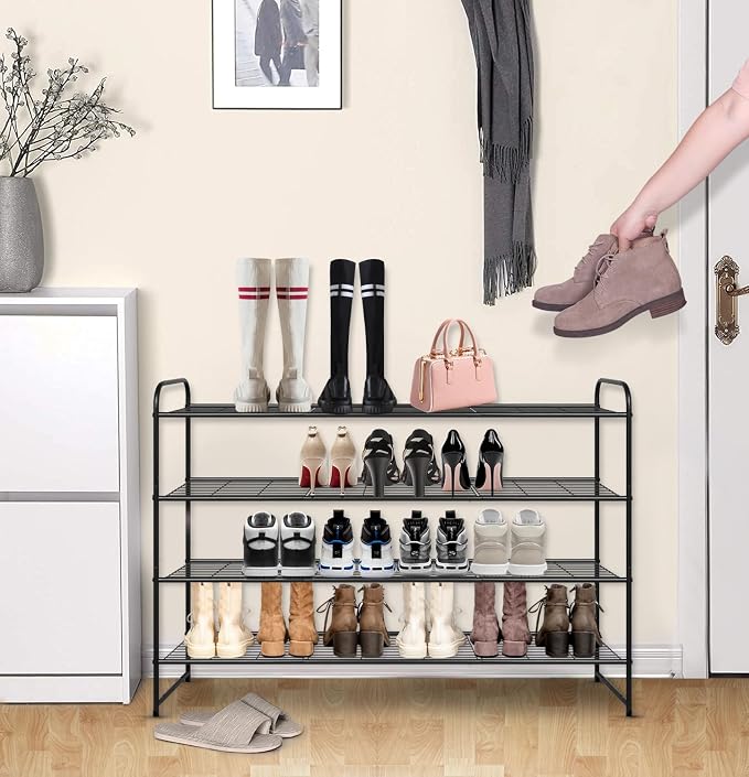 KEETDY 4-Tier Long Shoe Rack for Closet Metal Shoe Organizer for Entryway, Wide Stackable Shoe Storage Shelf with Sturdy Wire Grid for Closet Floor, Bedroom, Black