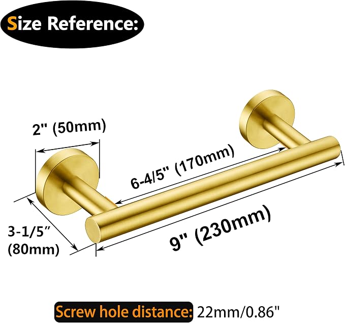 Nolimas Brushed Gold Bath Hand Towel Bar Single Bars Towel Rack Rod Classic Wall Mounted Stainless Steel Bathroom Towel Bar Toilet Kitchen Towel Shelf Single Layer,9inch