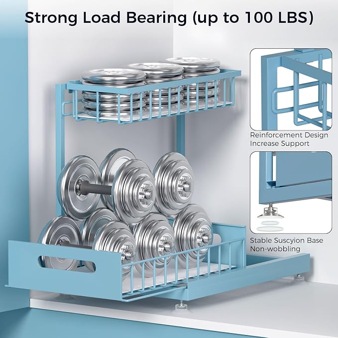 Saydear L-Shaped Under Sink Organizer, 2-Tier Pull-out Cabinet Rack 1-Pack | Teal Height-Adjustable Steel Rack, Sliding Grid Drawers with PP Liners, Holds 100 Lbs, Suction Base, Ideal Kitchen Storage
