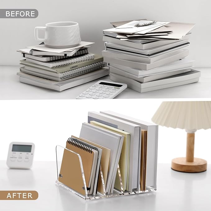 SANRUI Acrylic Desk Mails File Sorter Clear Letter Organizer Holder,4 Slot | Vertical File Folder Rack,Notebook Magazine Desktop Binder Mails Storage Bookshelf Upright Divider for Home Office School