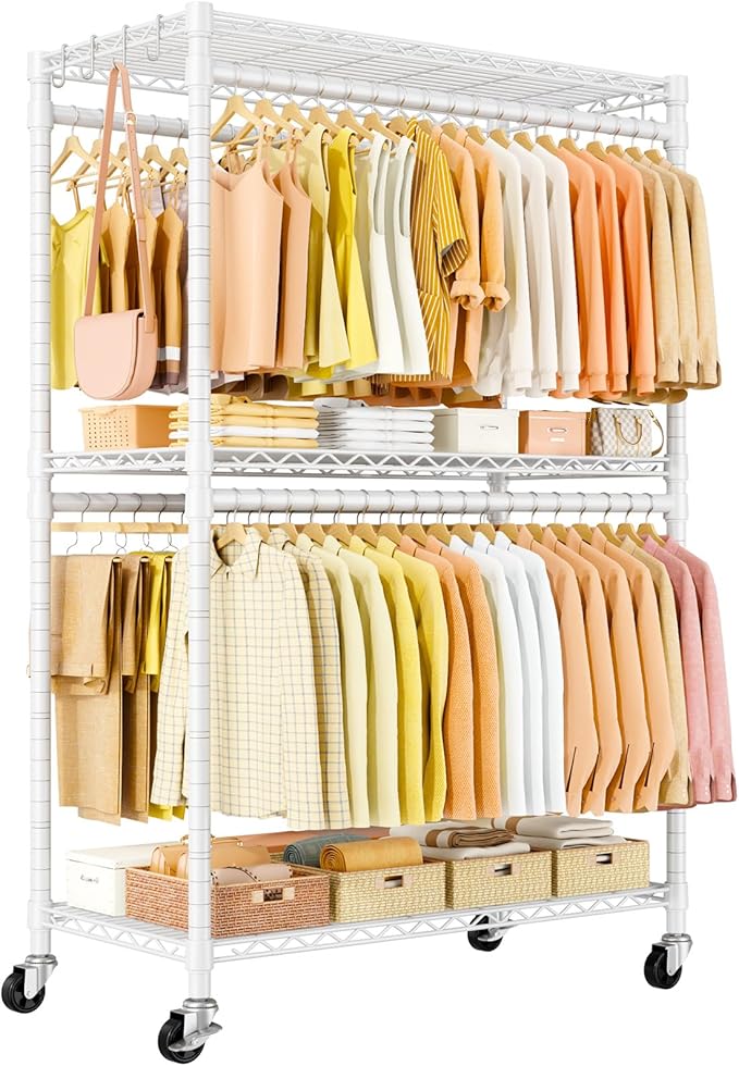 Rolling Clothes Rack, Clothing Racks for Hanging Clothes, White | P5 Plus Heavy Duty Garment Rack with Wheels, 3-Tier Shelves, Portable Closet Racks 45''W × 20.5''D × 80.5''H, Max Load 660Lbs