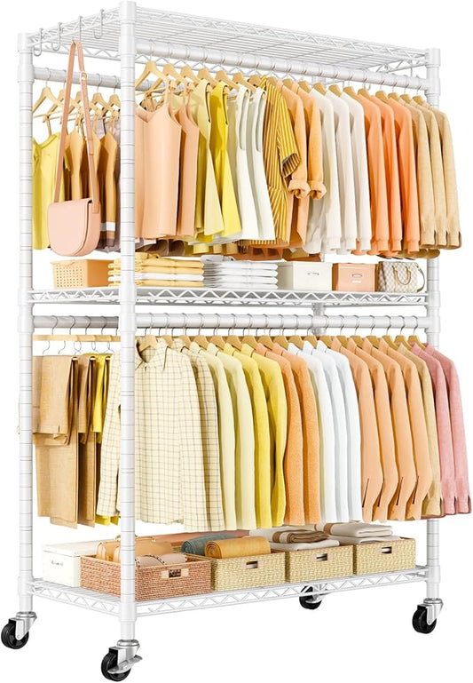 Rolling Clothes Rack, Clothing Racks for Hanging Clothes, White | P5 Plus Heavy Duty Garment Rack with Wheels, 3-Tier Shelves, Portable Closet Racks 45''W × 20.5''D × 80.5''H, Max Load 660Lbs