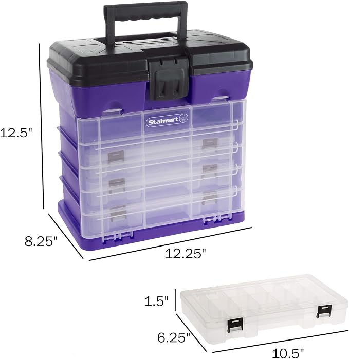 Storage and Tool Box-Durable Organizer Utility Box-4 Drawers with 19 Compartments Each for Hardware, Fish Tackle, Beads, and More by Stalwart (Purple) | With Drawers and Customizable Compartments for Hardware, Fishing Tackle Box, Beads, or Craft Supplies