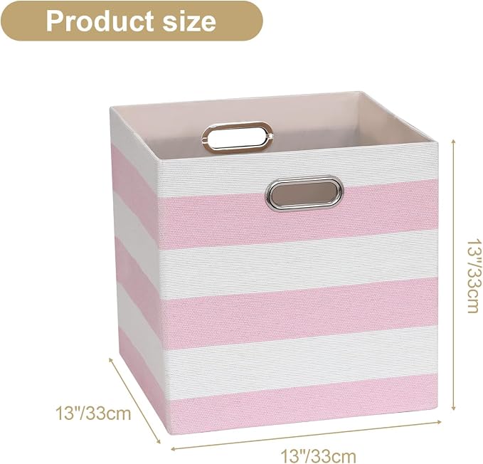 Posprica Storage Bins Storage Cubes,13×13 Collapsible Storage Boxes Containers Organizer Baskets for Nursery,Office,Closet,Shelf - 4pcs,Pink-white Striped