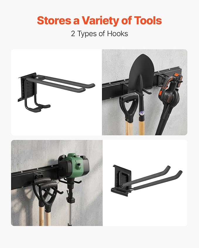 VEVOR Garage Tool Organizer 33 Inch 400 lbs Wall Mount Garden Tool Rack, Heavy Duty Garage Hanging Storage Rack Organization with 2 Rails and 5 Adjustable Hooks, for Yard Tools, Shovel, Rake, Shed