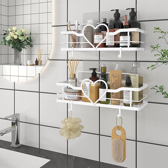 White Heart Shower Caddy,No Drilling Adhesive Shelves,2 Pack | Shower Shelf with 4 Removable Hooks,Holds 40 lbs,Rustproof Metal,For bathroom,kitchen,dorm,Cute Shower Organizer