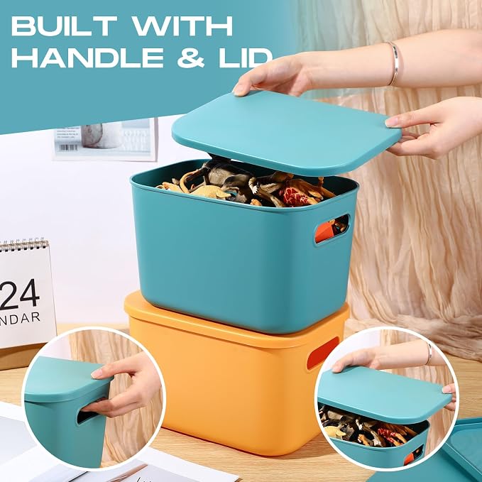8 Pieces Colorful Storage Bins with Lid, Plastic Storage Basket Organizing Container Stackable Box with Handle for Shelves Desktop Playroom Office(10.2 x 7 x 6.3 Inch,Green and Yellow)