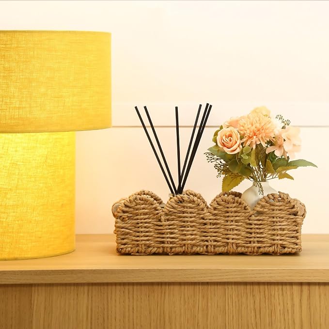 Paper Rope Storage Basket Set of 2 with Wooden Handles - Scalloped Toilet Paper Organizer, Cute & Functional Home Decor for Bathroom or Living Room (Beige)