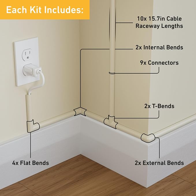 D-Line 157in Cord Hider Kit, Patented Cable Cover, Hide Wires on Wall, Channel for TV Mount Cords, Raceway Wire Hiders, Paintable, Adhesive, Half Round, 10x 0.78in W x 0.39in H x 15.7in L, Beige