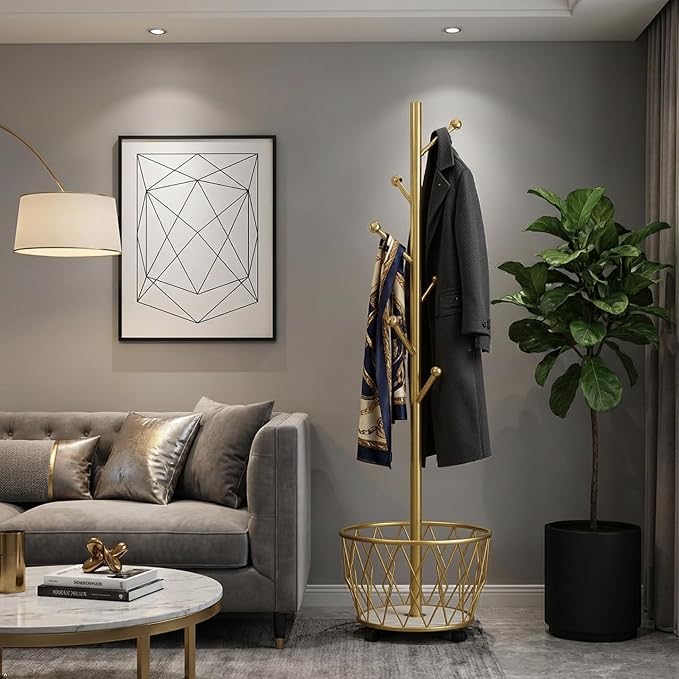 Gold Moveable Tree Metal Coat Rack with Basket Freestanding 65" | Organizer for Scarf Jacket Hat Bags Ideal for Home Entryway Bedroom Corner Stable