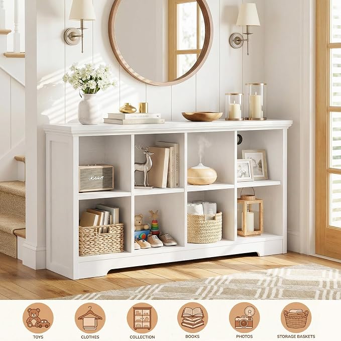 Aheaplus Wooden 8-Cube Storage Organizer with Charging Ports, Modern Cube Bookcase with Base, 3-Tier Floor Standing Open Cubbies Bookshelf, Cubicle Display Shelf for Home and Office, White