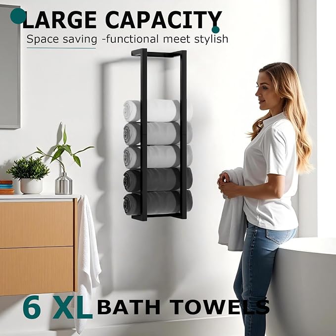 2 Pack Wall Mounted Towel Racks for Rolled Towels,304 Stainless Steel Towel Storage Rack for Bathroom, 30 Inch Bath Towel Holder Matte Black